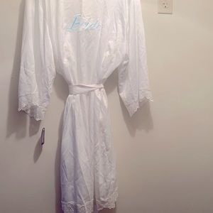 Silky white “bride” embroidered robe w/ lace